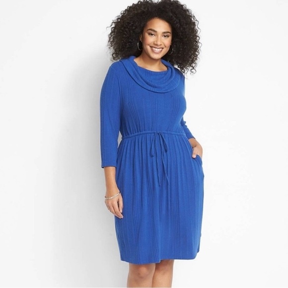 Lane Bryant Cowl-Neck Fit & Flare Knit Dress Blue Size 14/16 1X NWT - Picture 1 of 10